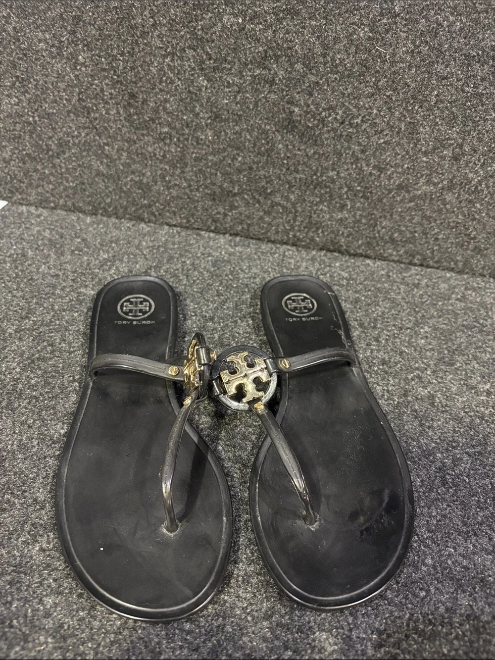 Tory Burch Black Logo Medallion Flat Sandals with Gold Accent